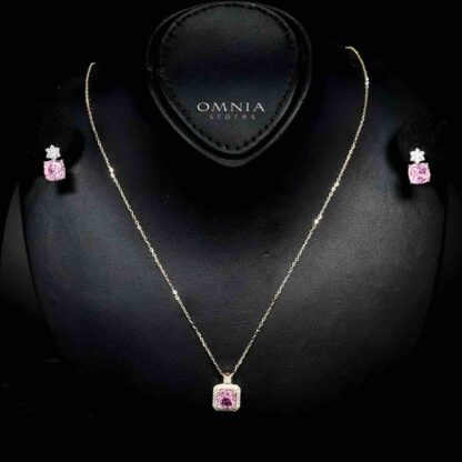 Omnia Shayla Golden Necklace and Earrings Set in 925 Silver with High-Quality Pink Ice Cut Stones - Image 2