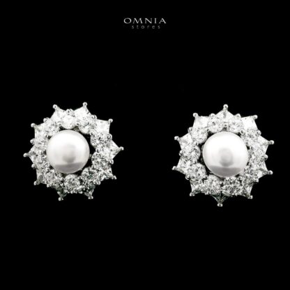 Omnia Zaria Pearl Earrings in 925 Silver with High-Quality White CZ Zircon Stones