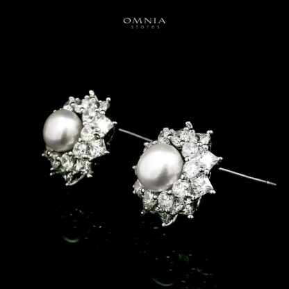 Omnia Zaria Pearl Earrings in 925 Silver with High-Quality White CZ Zircon Stones - Image 2