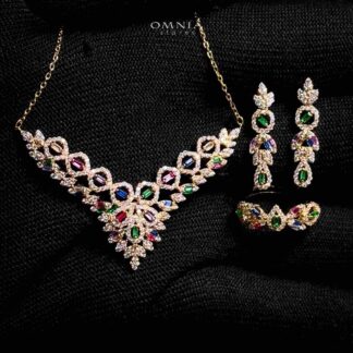 Omnia Safina Golden Necklace, Earrings & Ring With Rhodium Plated In High Quality Zircon Stone