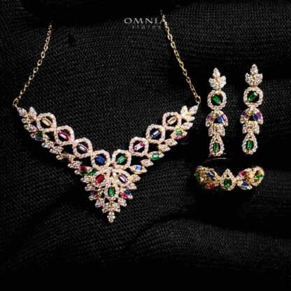 Omnia Safina Golden Necklace, Earrings & Ring With Rhodium Plated In High Quality Zircon Stone