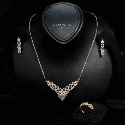 Omnia Safina Golden Necklace, Earrings & Ring With Rhodium Plated In High Quality Zircon Stone - Image 2