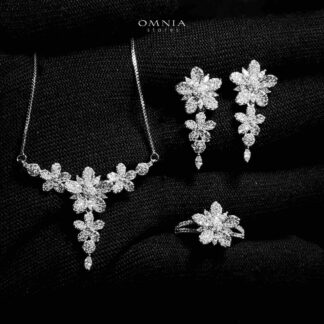 Omnia Nazeera Silver Necklace, Earrings & Ring With Rhodium Plated In High Quality Zircon Stone