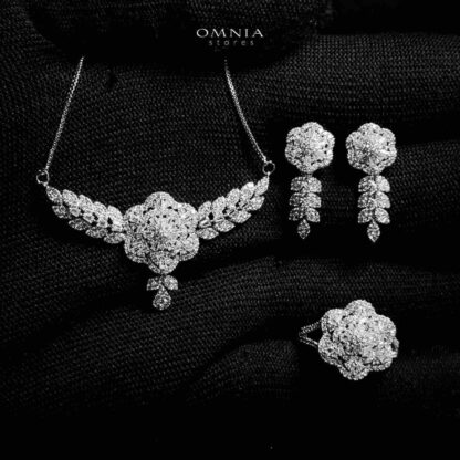 Omnia Husna Silver Necklace, Earrings & Ring With Rhodium Plated In High Quality Zircon Stone