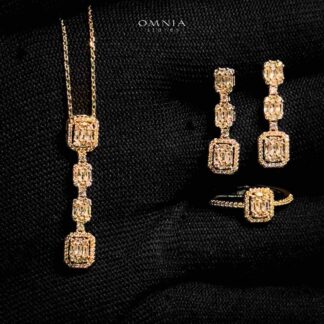 Omnia Cilwa Golden Necklace, Eariings and Ring With Rhodium Plated In High Quality Zircon Stone