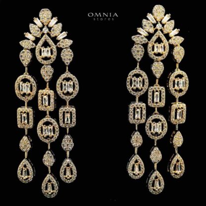 Omnia Ismat Golden Drop Eariings With Rhodium Plated In High Quality Zircon Stone