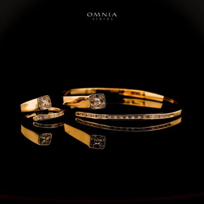 Omnia Fawziya Golden Bangle & Ring With Rhodium Plated In High Quality Zircon Stone