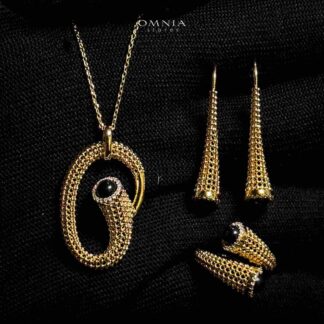 Omnia Lamisah Golden Necklace, Earring and Rings With Rhodium Plated In High Quality Zircon Stone