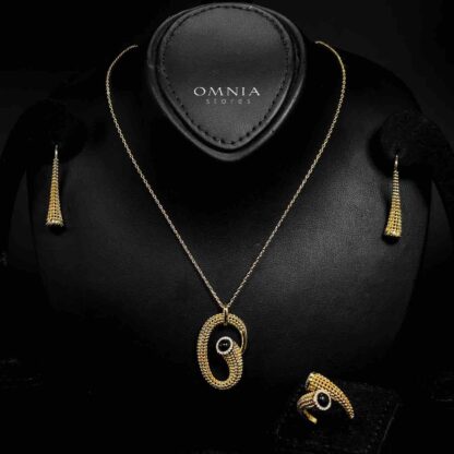 Omnia Lamisah Golden Necklace, Earring and Rings With Rhodium Plated In High Quality Zircon Stone - Image 2