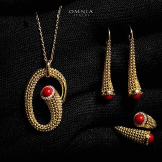 Omnia Lamisah Golden Red Necklace, Earring and Rings With Rhodium Plated In High Quality Zircon Stone