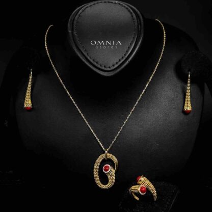Omnia Lamisah Golden Red Necklace, Earring and Rings With Rhodium Plated In High Quality Zircon Stone - Image 2