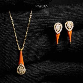 Omnia Manar Golden Red Necklace and Earrings With Rhodium Plated In High Quality Zircon Stone