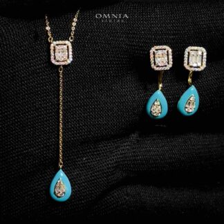 Omnia Najida Golden Blue Necklace and Earrings With Rhodium Plated In High Quality Zircon Stone