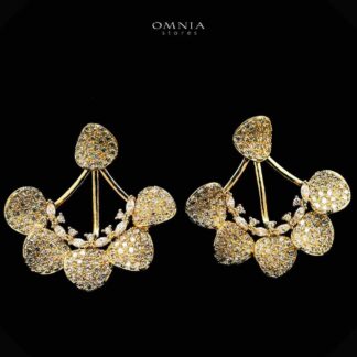Omnia Qindeel Golden Floral Earrings With Rhodium Plated In High Quality Zircon Stone