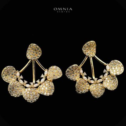 Omnia Qindeel Golden Floral Earrings With Rhodium Plated In High Quality Zircon Stone
