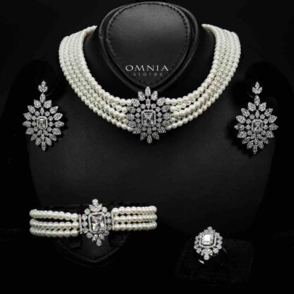 Omnia Tulin Pearl Bridal Full set With Rhodium Plated In High Quality Zircon Stone