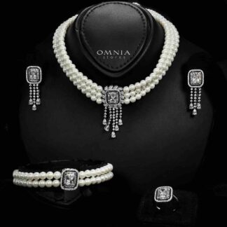 Omnia Wahida Pearl Bridal Full set With Rhodium Plated In High Quality Zircon Stone