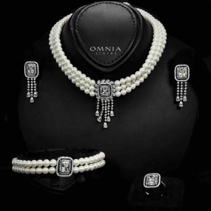 Omnia Wahida Pearl Bridal Full set With Rhodium Plated In High Quality Zircon Stone