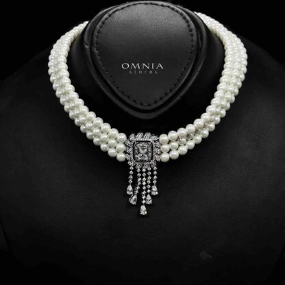 Omnia Wahida Pearl Bridal Full set With Rhodium Plated In High Quality Zircon Stone - Image 2