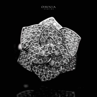 Omnia Solara Rose Design Silver Ring 925 Silver in GRA Certified High Quality White Moissanite Stone