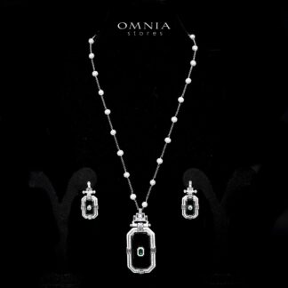 Omnia Parvaneh Fresh Real Water Pearl Long Chain Necklace & Drop Pearl Earrings in 925 Silver with High-Quality Simulated Diamonds