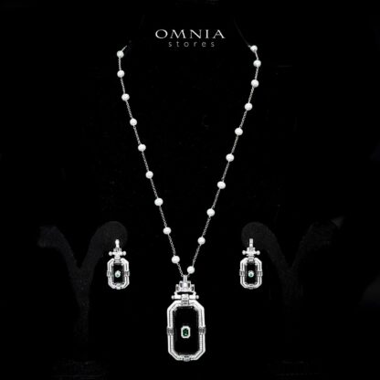 Omnia Parvaneh Fresh Real Water Pearl Long Chain Necklace & Drop Pearl Earrings in 925 Silver with High-Quality Simulated Diamonds