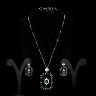 Omnia Parvin Black Long Chain Necklace & Drop Pearl Earrings in 925 Silver with High-Quality Simulated Diamonds