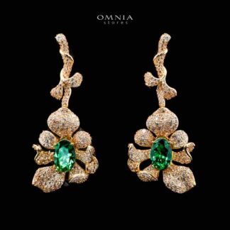 Omnia Margot Flower Design Golden Green Drop Earrings in 925 Silver with High-Quality Simulated Diamonds