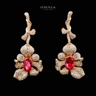 Omnia Margot Flower Design Golden Red Drop Earrings in 925 Silver with High-Quality Simulated Diamonds