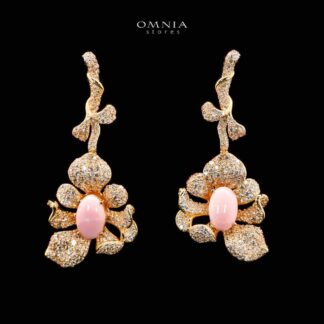 Omnia Margot Flower Design Golden Pink Drop Earrings in 925 Silver with High-Quality Simulated Diamonds and Coral Stone Detail