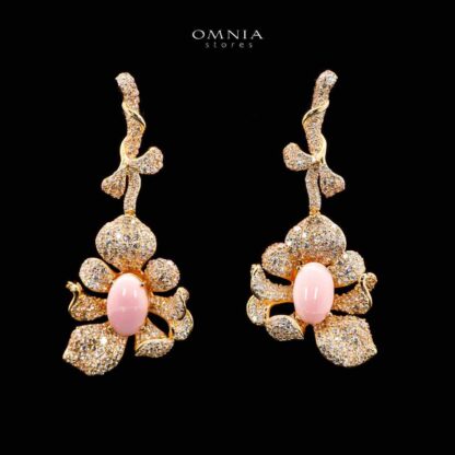 Omnia Margot Flower Design Golden Pink Drop Earrings in 925 Silver with High-Quality Simulated Diamonds and Coral Stone Detail