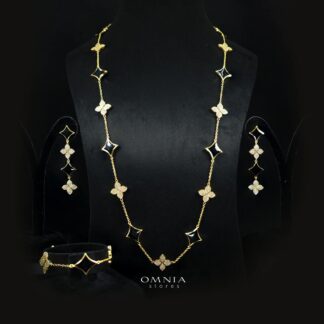 Omnia Golden Clove Black Long Chain Full Set with High-Quality Simulated Diamonds 18k Gold Plated 100cm