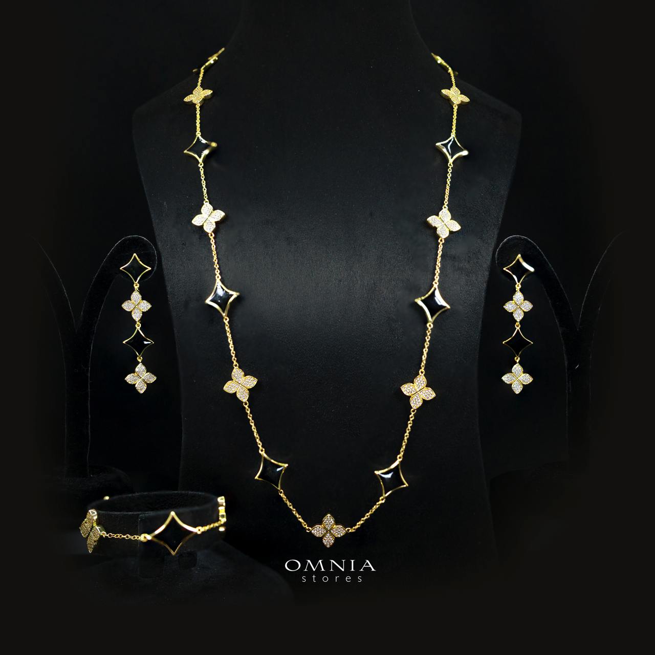 Omnia Golden Clove Black Long Chain Full Set with High-Quality Simulated Diamonds 18k Gold Plated 100cm