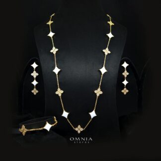 Omnia Golden Clove White Long Chain Full Set with High-Quality Simulated Diamonds 18k Gold Plated 100cm