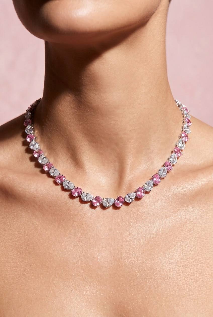 Omnia Lamia White And Pink Bridal Full Set with High-Quality Simulated Diamonds Rhodium Plated - Image 2
