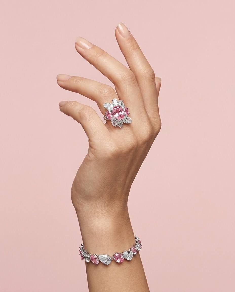 Omnia Lamia White And Pink Bridal Full Set with High-Quality Simulated Diamonds Rhodium Plated - Image 4