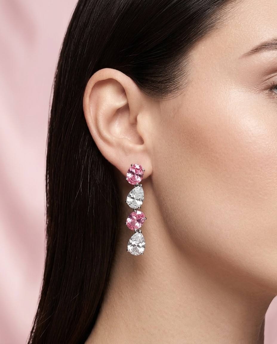 Omnia Lamia White And Pink Bridal Full Set with High-Quality Simulated Diamonds Rhodium Plated - Image 3