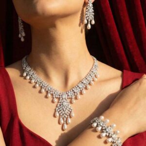 Omnia Zahrah Pearl Luxury Bridal White Pearl Full Set in High Quality Zircon Stone Rhodium Plated