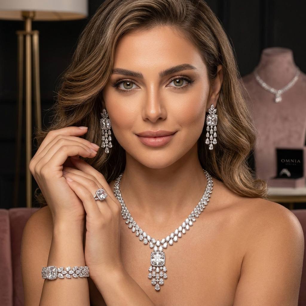 Omnia Nazaha Bridal Full Set in Rhodium Plated with High Quality White Zircon Stones - Image 3