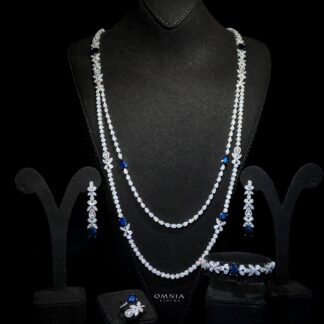 Omnia Yaza Bridal Blue Long chain Set High Quality Zircon Stone In Rhodium Plated
