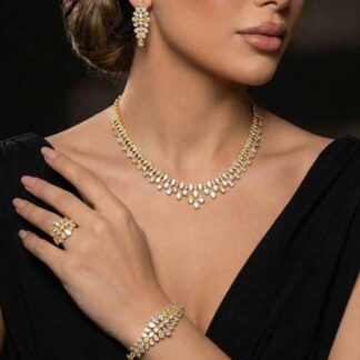 Omnia Elaf Golden Bridal Full Set in High Quality Zircon Stone in Rhodium Plated