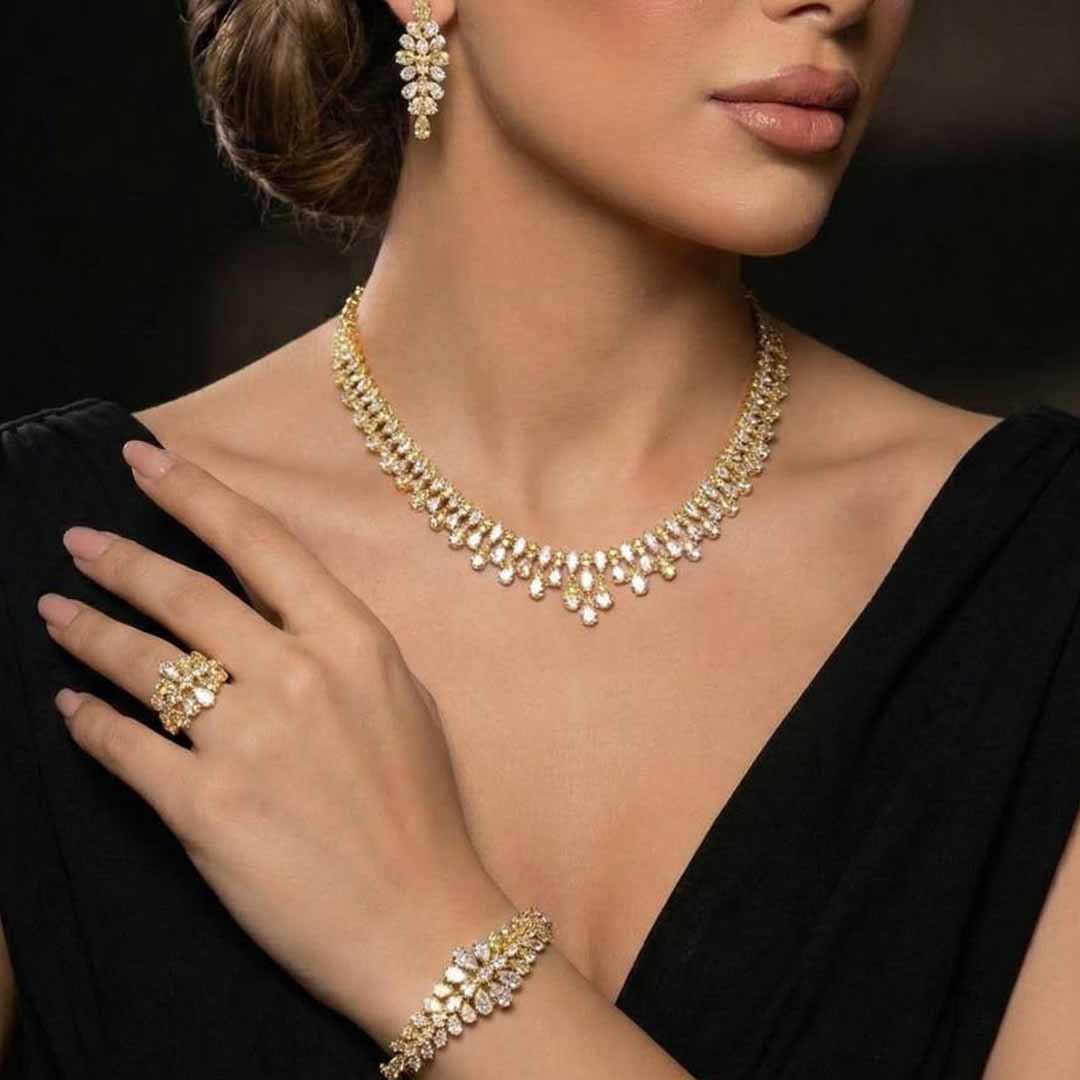 Omnia Elaf Golden Bridal Full Set in High Quality Zircon Stone in Rhodium Plated