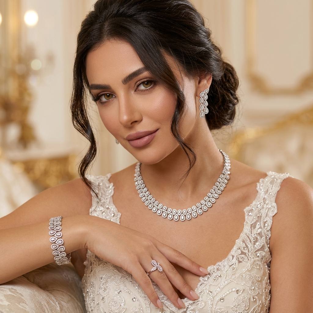 Omnia Kanzah Luxury Bridal White Full Set in High Quality Zircon Stone Rhodium Plated - Image 2