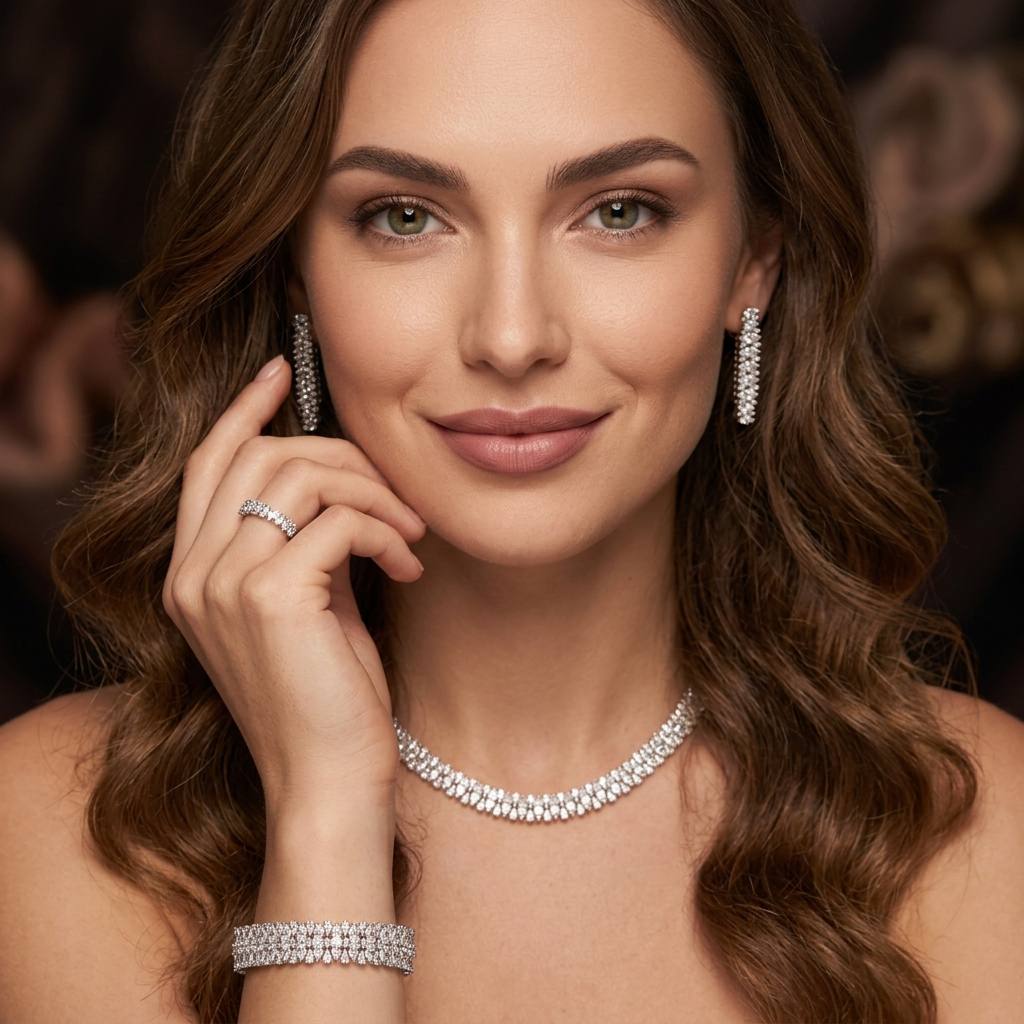 Omnia Manahil White Luxury Bridal Full Set in High Quality Zircon Stone Rhodium Plated - Image 3