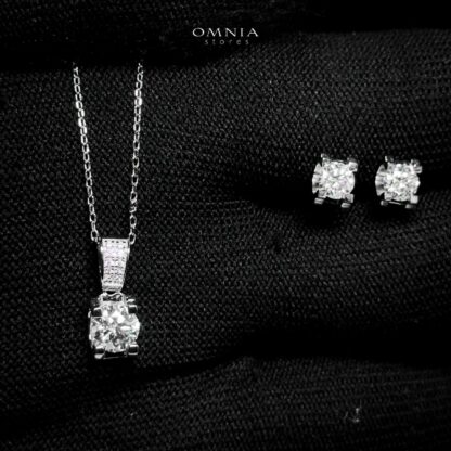 Omnia Ghazeen Pendant Necklace and Earrings Set 925 Silver in GRA Certified High Quality White Moissanite Stones