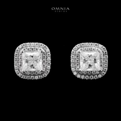 Omnia Ghaidaa Silver Square Stud Earrings 925 Silver in GRA Certifited High Quality White Moissanite Stones