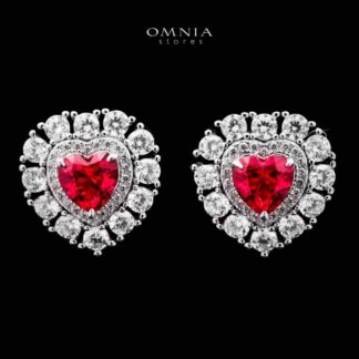 Omnia Lulwaan Silver Heart Earrings In 925 Silver High Quality GRC Certifited Red Lab Grown Ruby Stones
