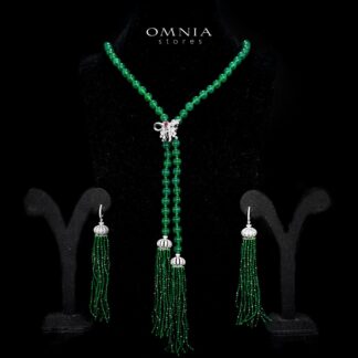 Omnia Lahitha Green Fresh Real Water Pearl Long Chain Necklace & Drop Pearl Earrings in 925 Silver with High-Quality Simulated Diamonds