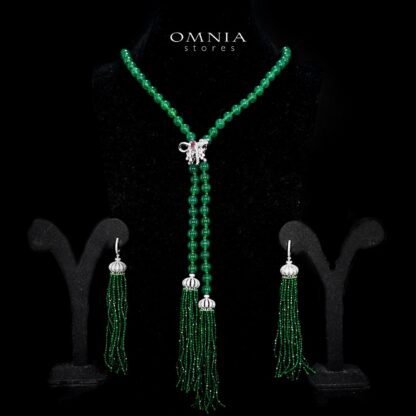 Omnia Lahitha Green Fresh Real Water Pearl Long Chain Necklace & Drop Pearl Earrings in 925 Silver with High-Quality Simulated Diamonds