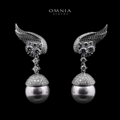 Omnia Rahmah Winged Silver Pearl Drop Earrings in 925 Silver with High-Quality Simulated Diamonds - Image 2